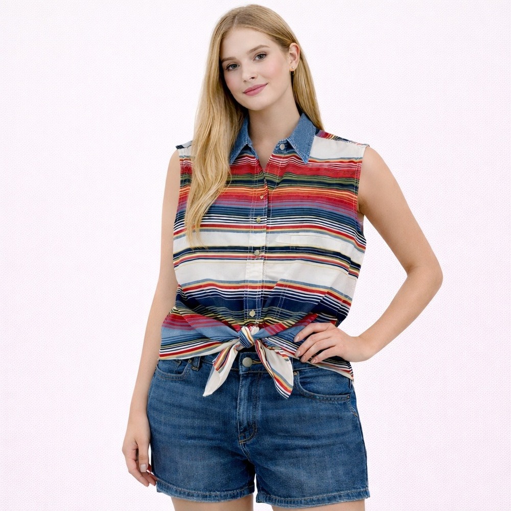 Vintage Carolina Colours Womens Button Down 90's‎ Style Sleeveless Stripe Med